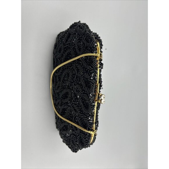 Evening Bag Black Beaded Kiss Lock Rhinestones Gold Chain Sequins See Photos Vtg - Picture 10 of 12